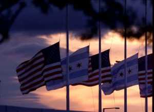 Flags waving in the destruction